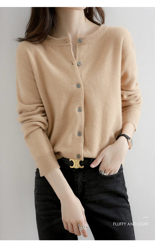 Spring And Autumn Women Cardigan Round Neck Knitwear Solid Color