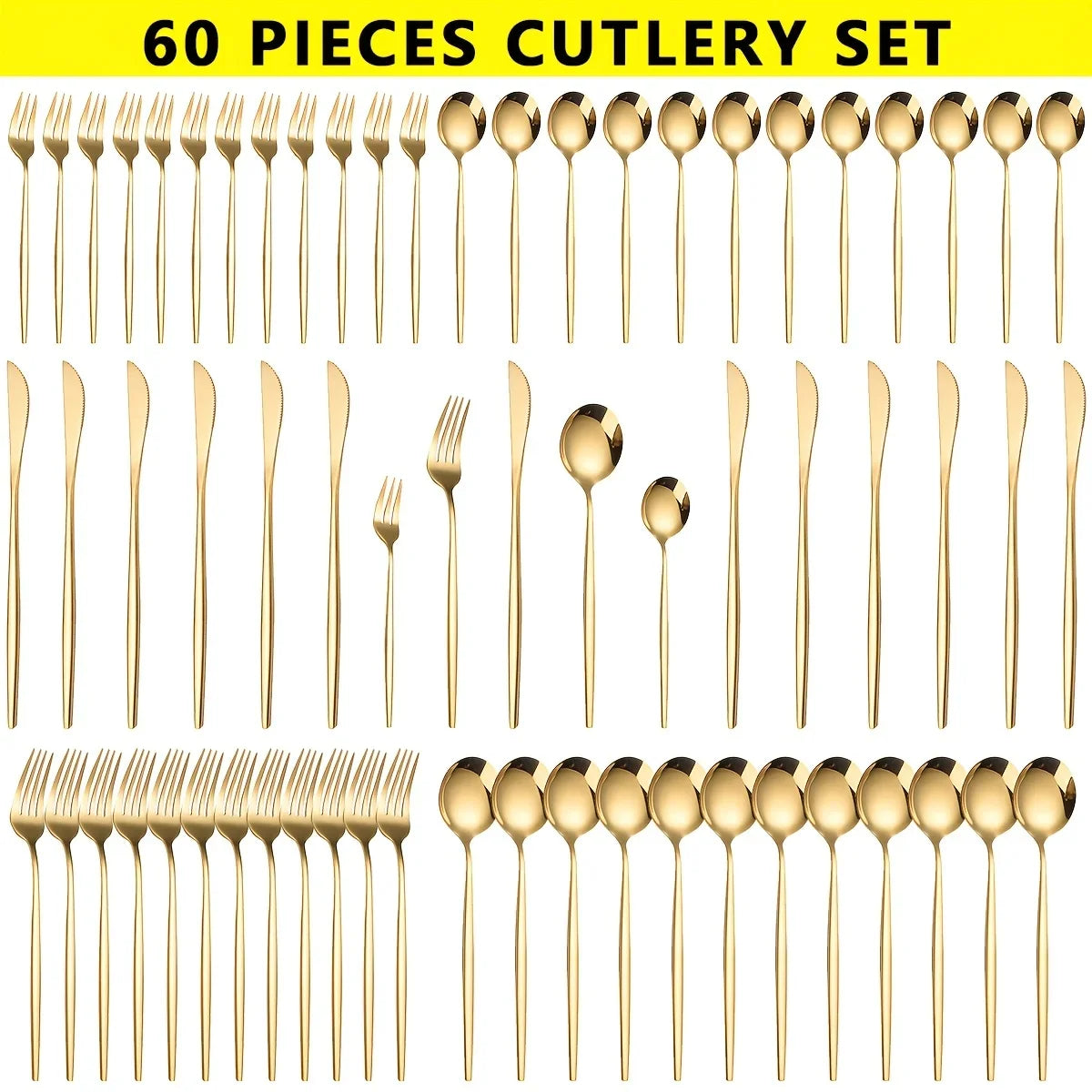 60pcs Stainless Steel - Cutlery Set, Dishwasher Safe