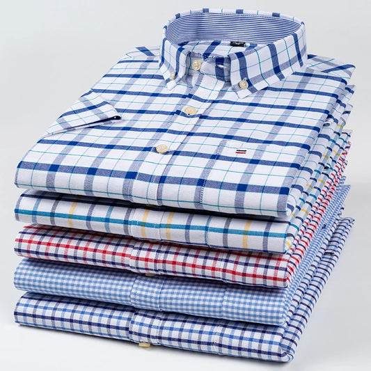 summer Short sleeve shirt 100%cotton for men white plaid striped social slim fit