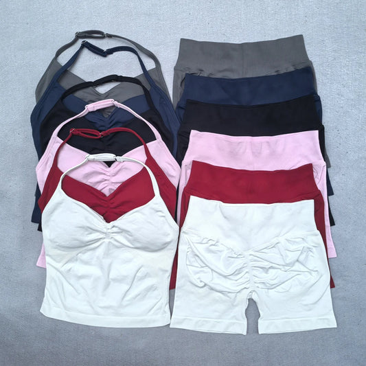 2 Pieces Seamless Yoga Set Workout Shorts Sets Adjustable Top Yoga  Gym Set