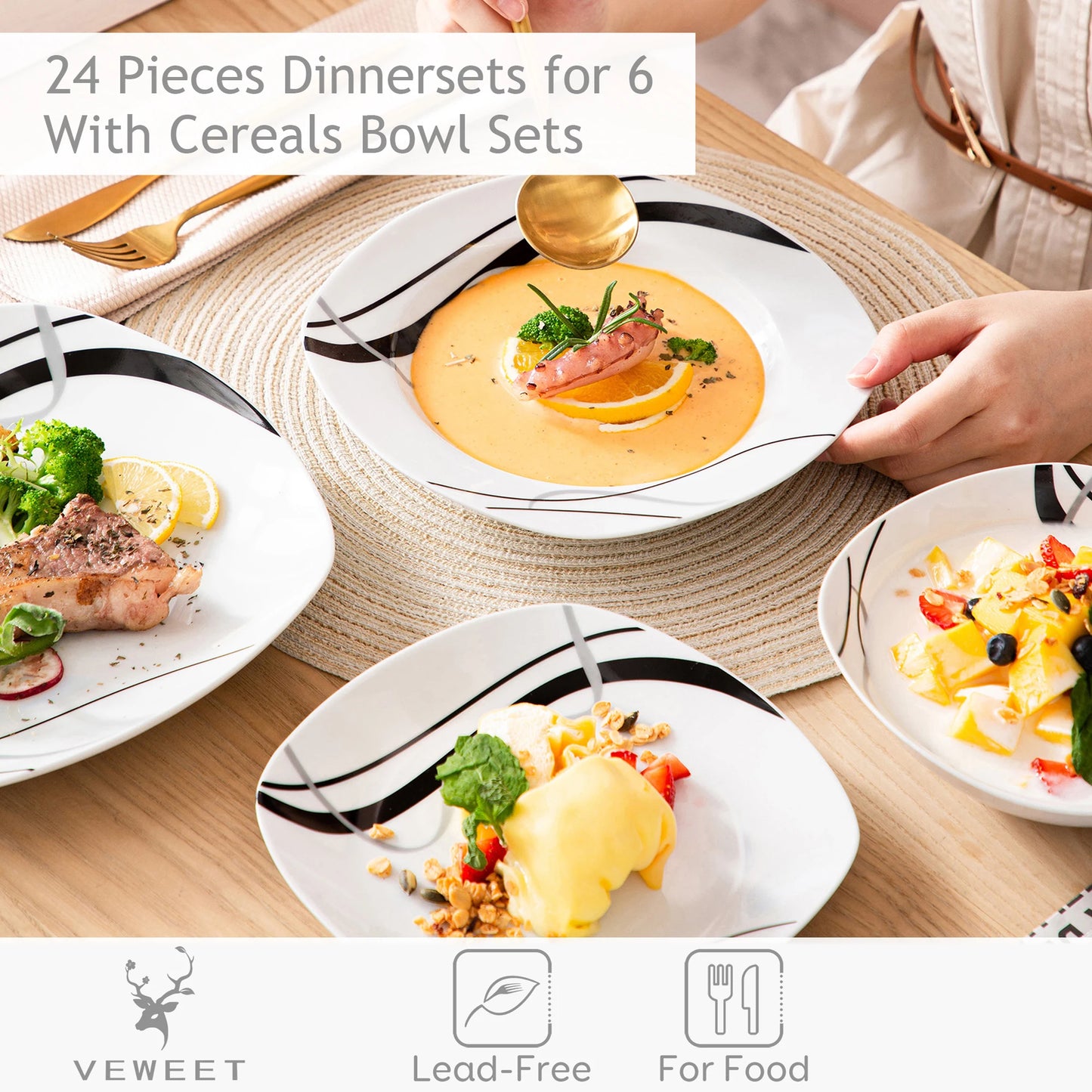 18/36-Piece Porcelain Ceramic Black Line Kitchen Tableware Dishes