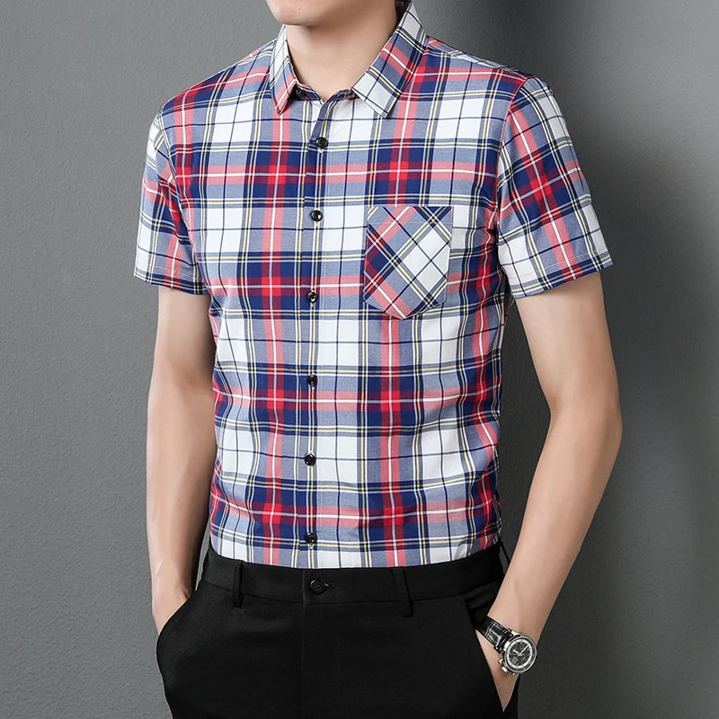 New Men's Casual Plaid Short Sleeved  Shirt for Summer