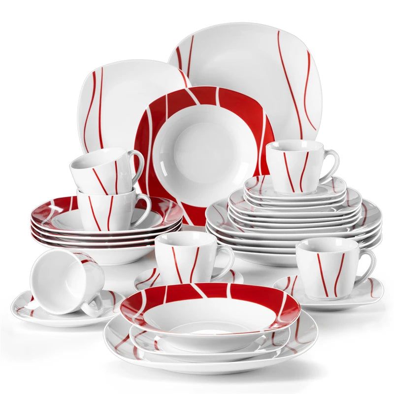 Felisa 30 Piece Red Stripes Ivory White Porcelain Dinner Set
