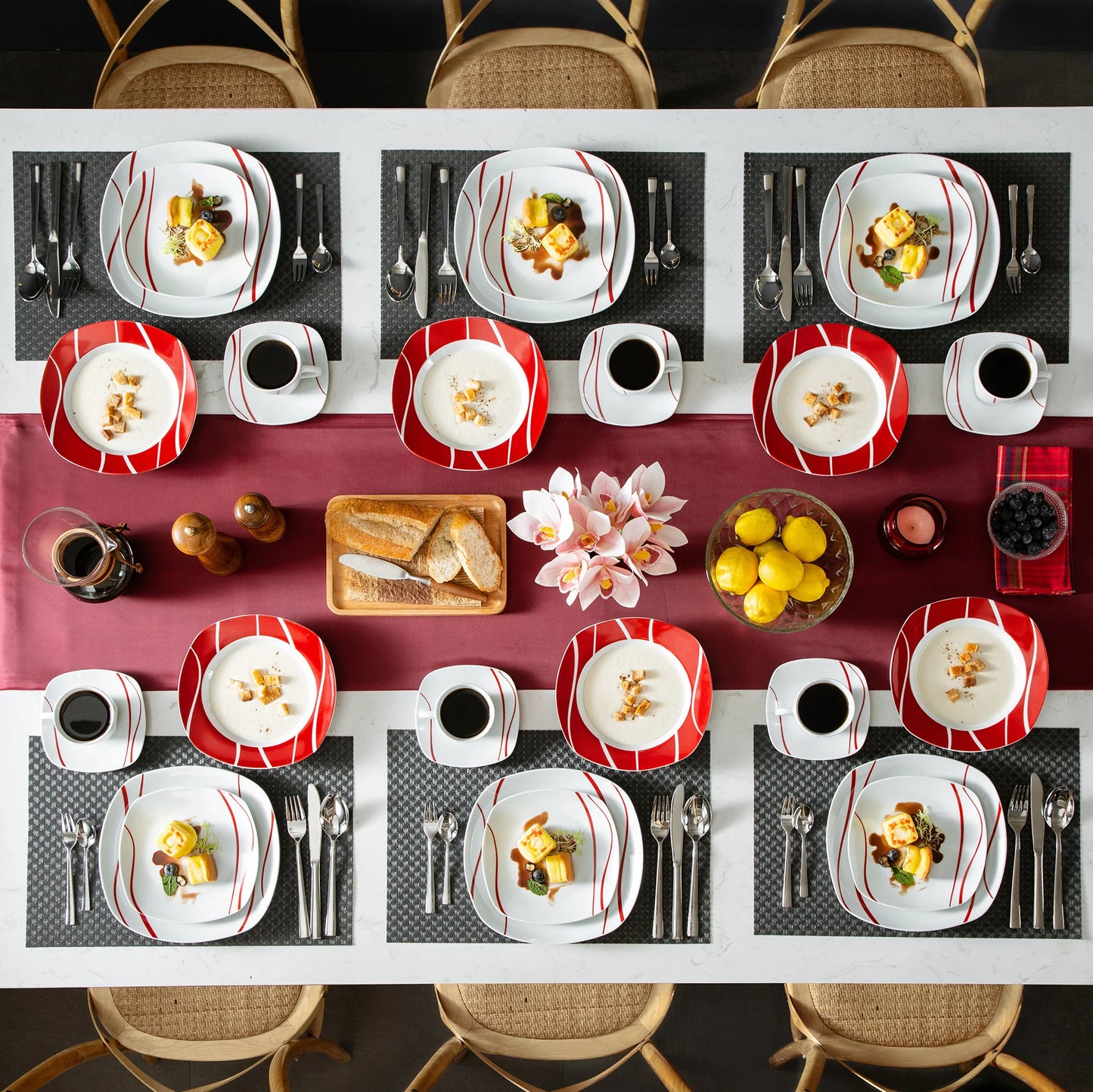 Felisa 30 Piece Red Stripes Ivory White Porcelain Dinner Set
