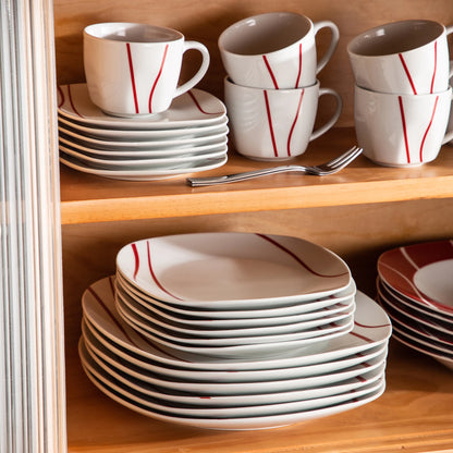 Felisa 30 Piece Red Stripes Ivory White Porcelain Dinner Set